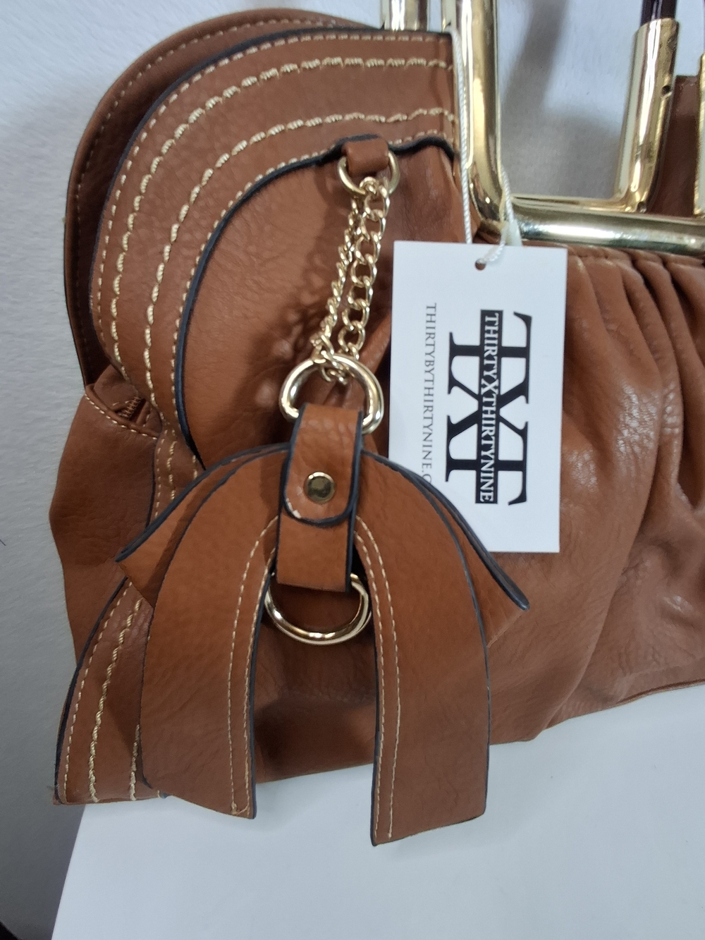 Brown Structured Top-Handle Tote with Gold Accent - Picture 2 of 11